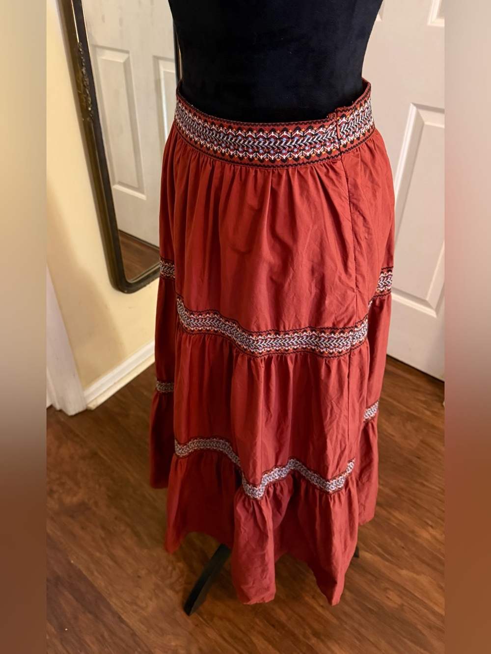 A Loves A 3 Tiered Boho Maxi Skirt Rust Orange Embroidered Festival Cottagecore - Picture 4 of 8